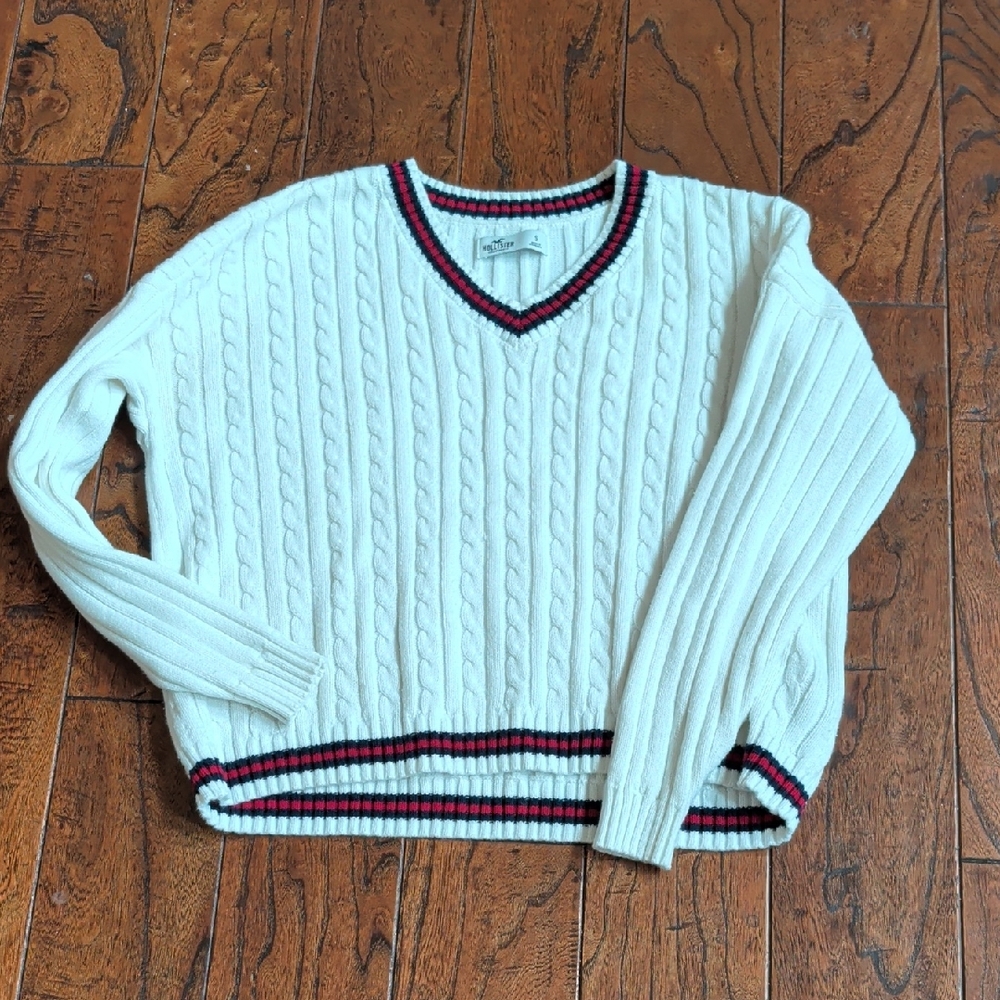 Hollister White V-Neck Sweater with Red and Black Trim